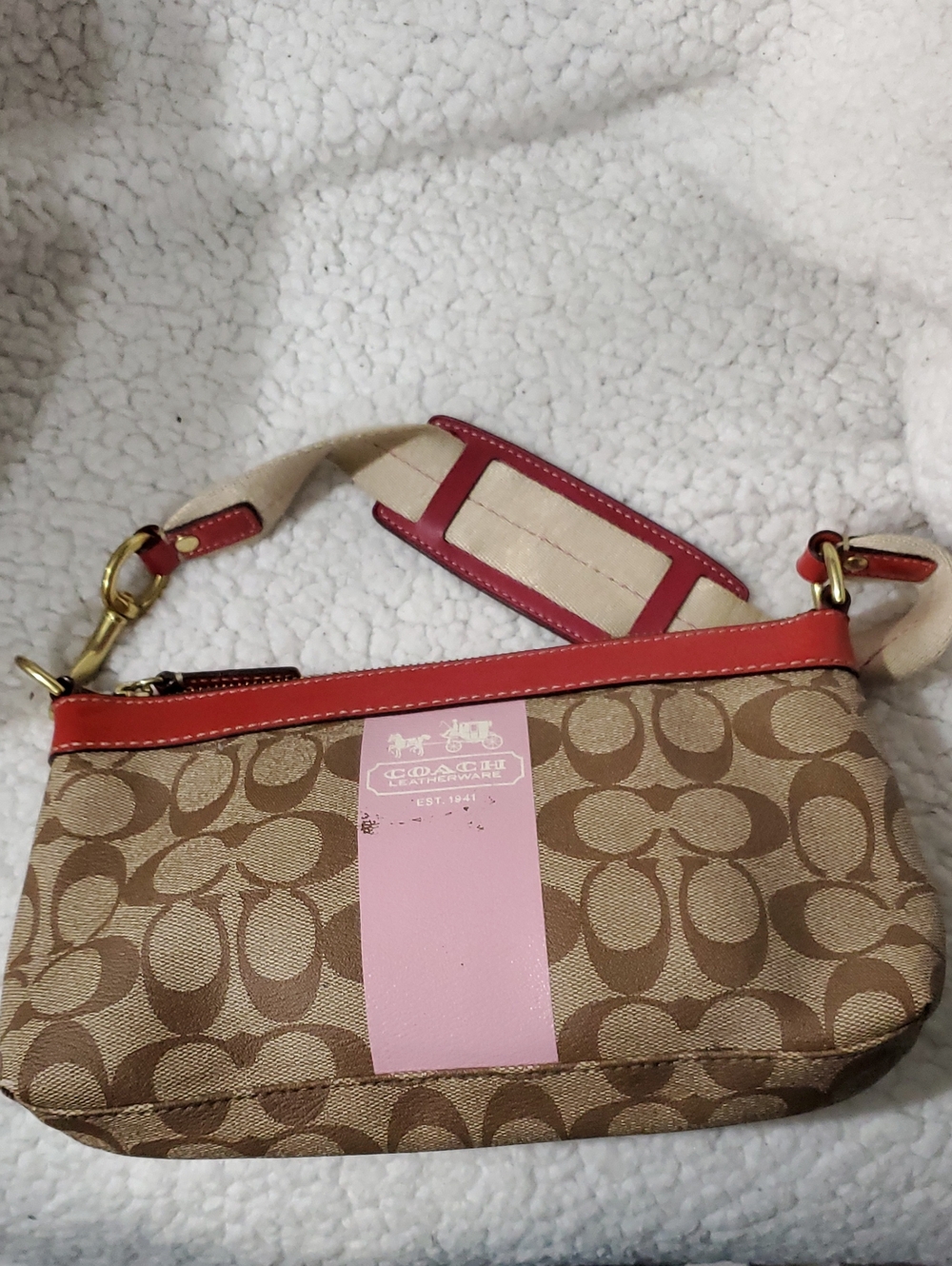 Coach Brown Signature Canvas  Pink Center Stripe and Coral Trim